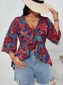SHEIN Clasi Chemise grande taille pour femme avec imprimé sur l'ensemble, boutonnée devant avec manches cloche et ourlet à volants pour les vacances - Multicolore - Voir 3