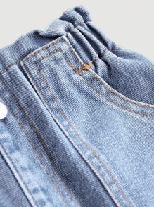 年輕女孩新款簡約時尚牛仔褲，太陽花蕾絲彈性腰帶，柔軟舒適洗水寬鬆版型 - 淺色水洗藍 - 查看 4