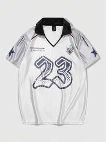 ROMWE MEN Prep Áo Polo Nam Tay Ngắn In Hình Ngôi Sao & Số, Giản Dị, Thích Hợp Cho Mùa Xuân Hè - trắng - Xem 1