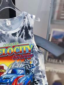 Tween Boy Summer Loose Fit Casual Racing Pattern Tank Top - White - View 3