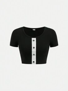 Teen Girl Front Button Decor Crop Top & Split Hem Pants - Black - View 11