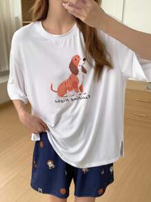 DAZY Cute Dog Printed Short Sleeve Top And Long Pants Pajama Set For Summer - White - View 6