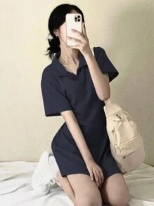 DAZY Đầm sơ mi cổ polo tay ngắn cho nữ, Đầm suông thoải mái thường ngày mùa hè - Màu xanh hải quân - Xem 1