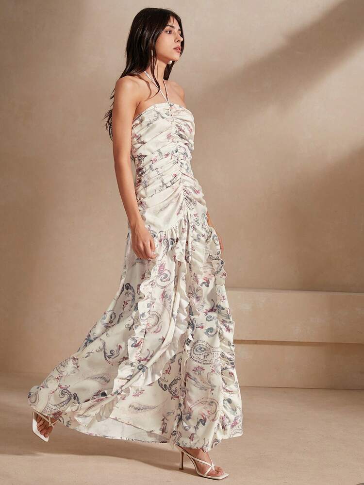 Summer Elegant And Romantic Floral Print Halterneck Dress With Ruffle Trim And Flared Hem