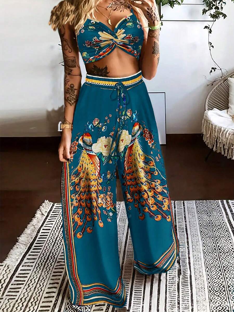 SHEIN VCAY Conjunto de top corto tipo camiseta con estampado de ave fénix y pantalones largos con cordón en la cintura (estampado asimétrico en la parte superior, efecto quemado en los pantalones) - Verde - Ver 1