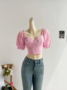 SHEIN Privé Top corto de manga princesa romántico y rosa para mujer - Rosa - Ver 6