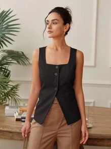 Damen Quadratisch Neck Kurzarm Knopf Vorne Split Saum Figurbetonte Lässig Trägertops, Oldmoney Crop Tops, Rückenfrei Business Lässig Westen, Frühling & Sommer