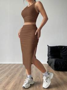 SHEIN EZwear 女士夏季兩件套裝：純色無袖圓領上衣＆百褶分裙 - 棕色 - 查看 4