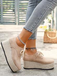 Women Wedge Heel Thick Sole Slip-On Shoes, Spring & Autumn Breathable Canvas Loafers With Ropes, Casual & Stylish Flats - Khaki - View 4