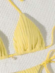 Swim Mod Summer Beach Women's Solid Color Halter Triangle Bikini Top And Tie Side Bottom Set For Vacation - Yellow - View 5