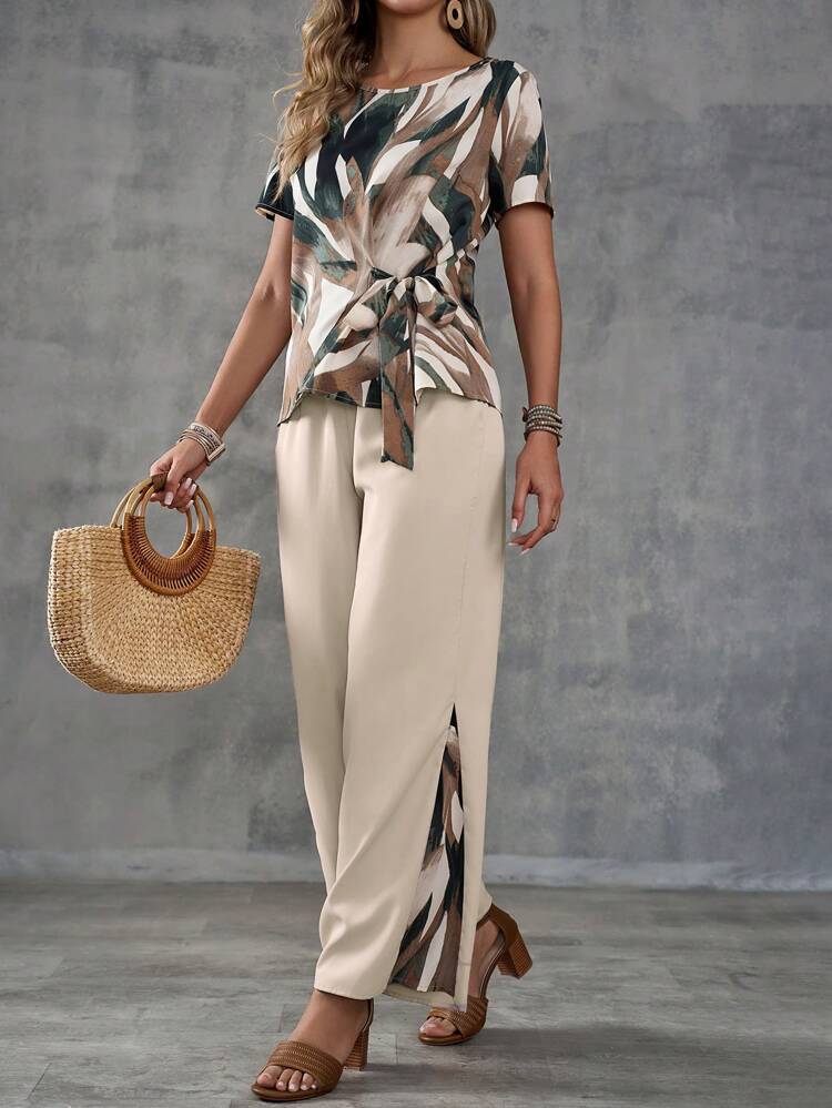 Women's Summer Casual Tie-Up Shirt And Pants 2 Pieces Set