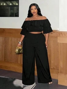 Slaydiva Casual Basic Off-Shoulder Ruffle Wide Leg Jumpsuit Plus Size For Women,Holiday Outfits - Black - View 3