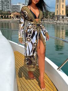 Swim Vcay Women's Holiday Chain Printed Long Sleeve Kimono Cover Up (Random Print),Summer Beach - Black - View 1