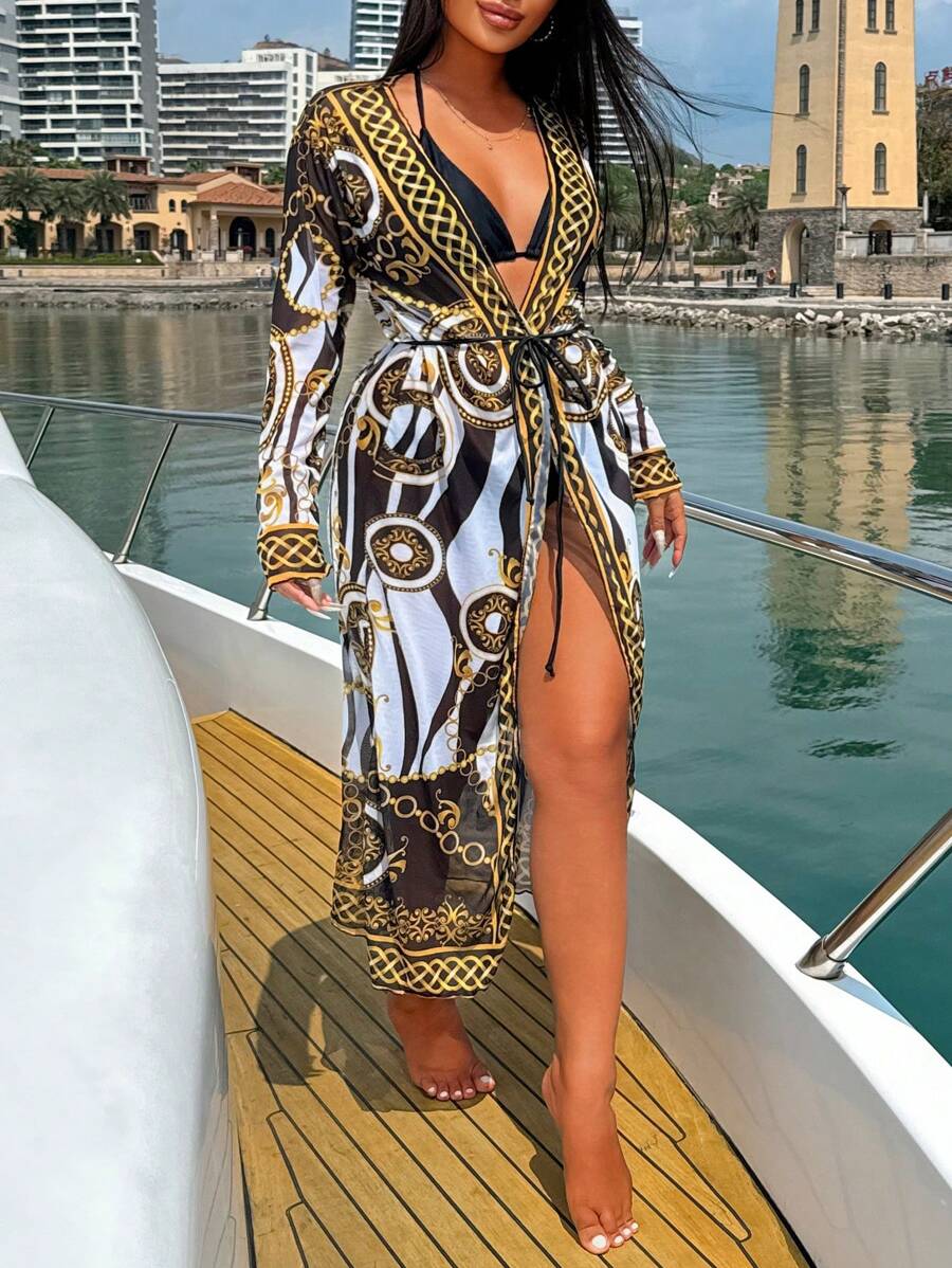 Swim Vcay Women's Holiday Chain Printed Long Sleeve Kimono Cover Up (Random Print),Summer Beach - Black - View 1