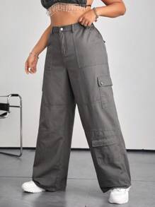 SHEIN ICON Cargo Jeans Wide Leg Pants Women Jeans Loose Fit Wide Leg Gray Denim Work Jeans For Plus Size Men, Made Of 100% Cotton