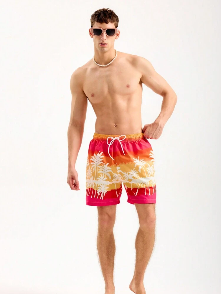 Men's Drawstring Waist Colorblock Palm Tree Printed Beach Shorts, Vacation