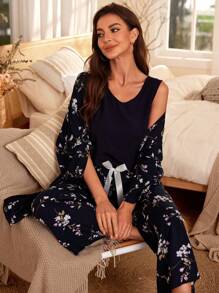 Floral Print Robe & Cami Top & Trousers PJ Set - Navy Blue - View 3
