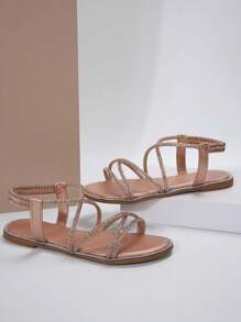Flat Heeled Round Toe Metallic Sandals With Rhinestone Detailing, Elastic Ankle Strap, Roman Style For Women Valentines