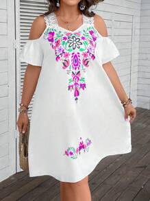 Breezaya Plus Size Women Fashion Lace Spaghetti Strap Cold-Shoulder Print Dress - Hot Pink - View 7