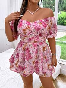 Sunnyshic Plus Size Boho Off-Shoulder Short Sleeve Chiffon Romper For Women, For Summer