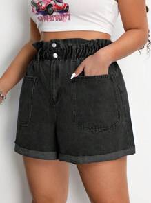 SHEIN ICON 大碼女士高腰寬腿牛仔短褲，褶邊和口袋設計