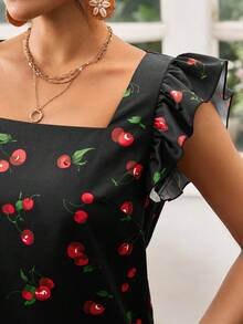 SHEIN VCAY 度假風格櫻桃印花方領荷葉邊上衣 - 黑色 - 查看 4