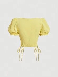 SHEIN MOD Yellow Ruffled Drawstring Cute Countryside Style Women Bubble Sleeve Shirt For Summer Crop Top Summer Outfits Summer Shirts - Yellow - View 2