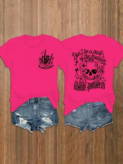 Flirla 頭骨圖案圓領T恤&夏季&春季，女裝