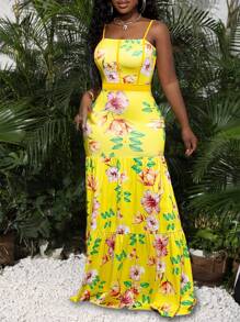 Slaydiva Vacation Leisure Floor Length Floral Printed Spaghetti Strap Dress