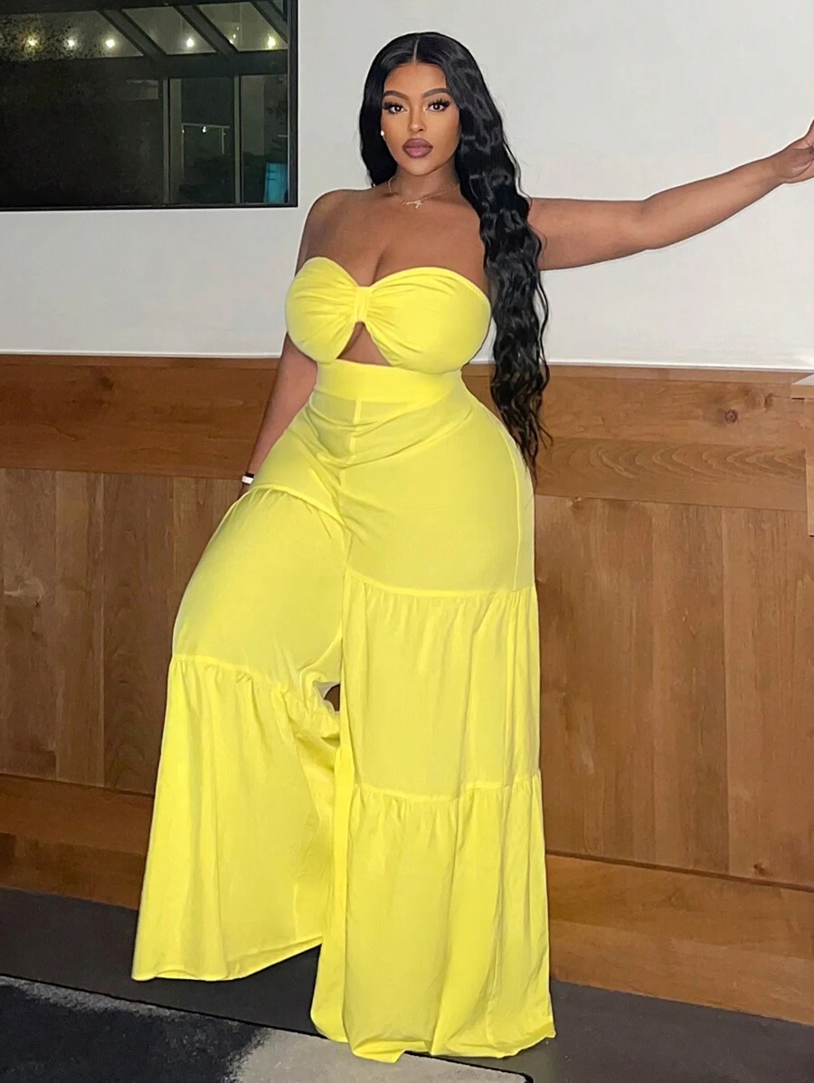 Slaydiva Plus Size Solid Color Woven Strapless Jumpsuit With Twisted Knot And Wide Leg For Women, Holiday And Leisure