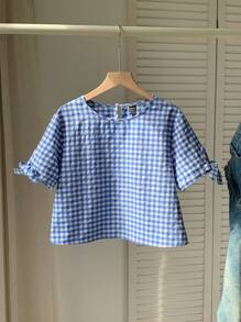 SHEIN EZwear 藍白相間格子印花鑽石後扣紮結袖口上衣，適合夏季外出 - 藍白色 - 查看 7