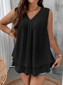 SHEIN CURVE+ Top De Traje De Manga Corta Sin Mangas De Color Sólido Con Cuello En V Y Talla Grande - Negro - Ver 1