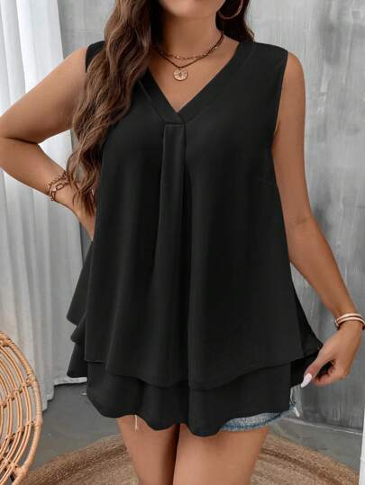 SHEIN CURVE+ 大尺碼純色v領休閑無袖背心