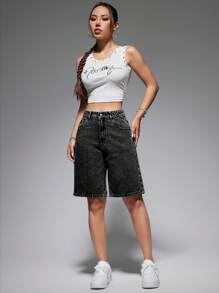 SHEIN EZwear Shorts de mezclilla de verano para mujer de moda de unicolor - Gris - Ver 3