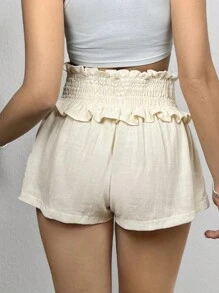 SHEIN EZwear Ladies' Solid Color Simple Casual Shorts With Ruffle Hem Detailing, Perfect For Everyday Wear - Apricot - View 2