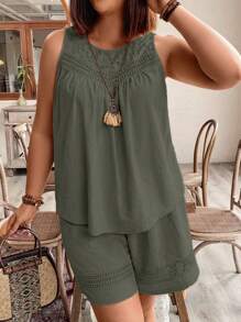 Plus Size Solid Color Hollow Out Sleeveless Top And Shorts Summer Holiday Casual Set - Army Green - View 4