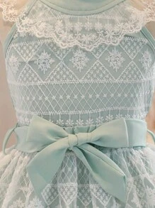 SHEIN 少女夏日簡約套裝：無袖露背領連身上衣搭配網紗裙 - 綠色 - 查看 4