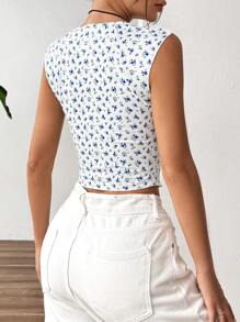 SHEIN EZwear 小花褶皺圓領休閒T恤，夏季款，側邊劈叉設計 - 彩色 - 查看 2