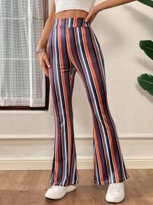 SHEIN Essnce Women's Bohemian Trousers, Comfortable Stretch Flared Trousers,Summer Bottoms,Striped Trousers,Resort Trousers,Women Pants - Multicolor - View 1