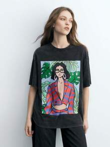 Maija Camiseta casual de cuello redondo de manga corta con gráfico de planta tropical y retrato para mujeres, conjunto de regreso a la escuela, verano