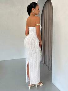 SHEIN BAE Biała sukienka Maxi Beach Dress dla kobiet, koronkowa bandeau, solidna, skręcona, letnia, obcisła sukienka, cała biała na imprezę - Biały - Zobacz 2