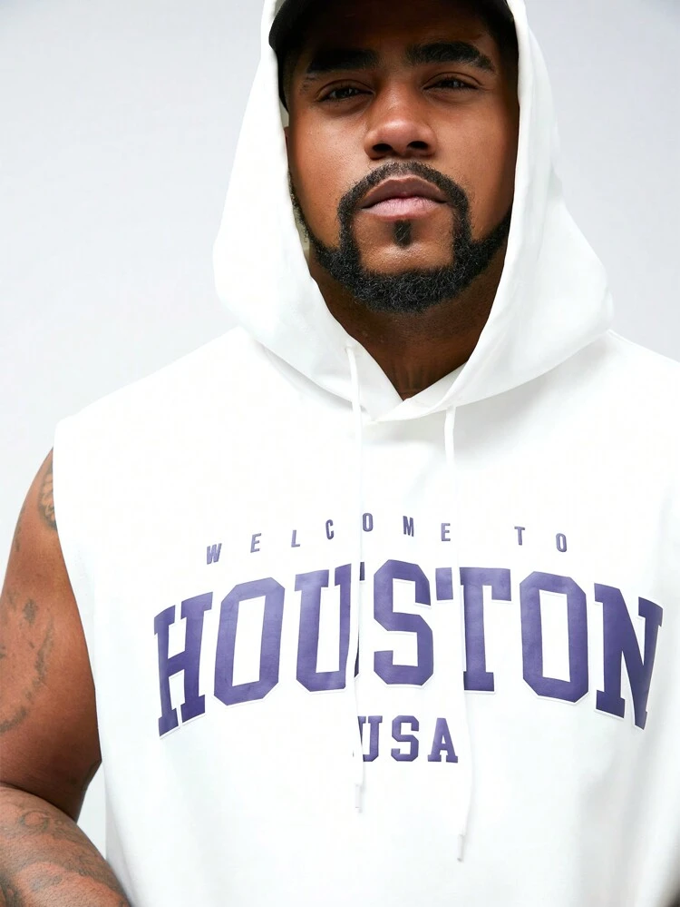 Men Plus Knitted Casual Letter Graphic Hooded Tank Top