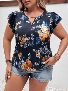 SHEIN VCAY Blusa de manga con volantes y estampado floral para mujer de talla grande con estilo de vacaciones - Azul Marino - Ver 6
