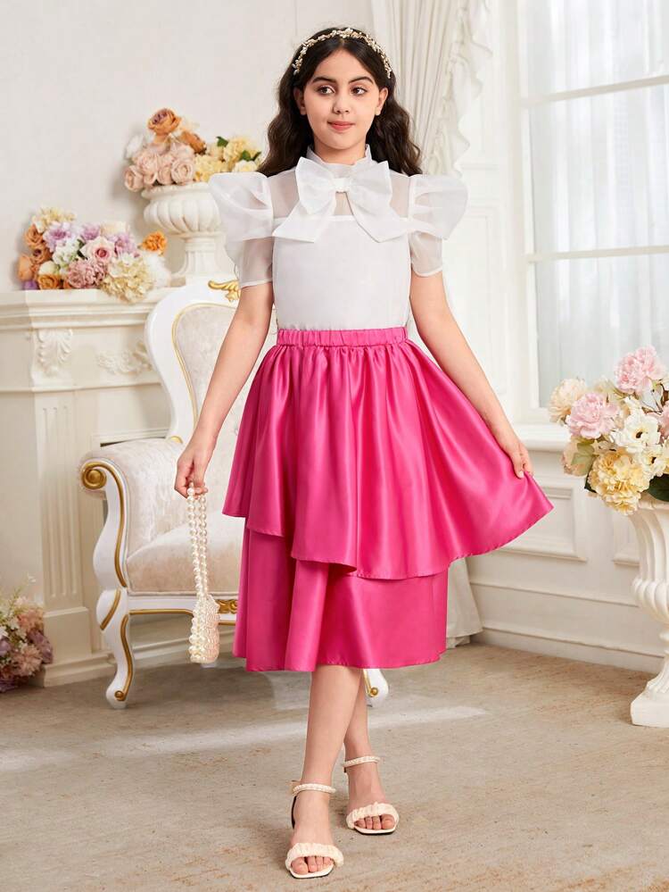 Tween Girl Retro Spring/Summer Woven Solid Pullover Blouse And A-Line Skirt