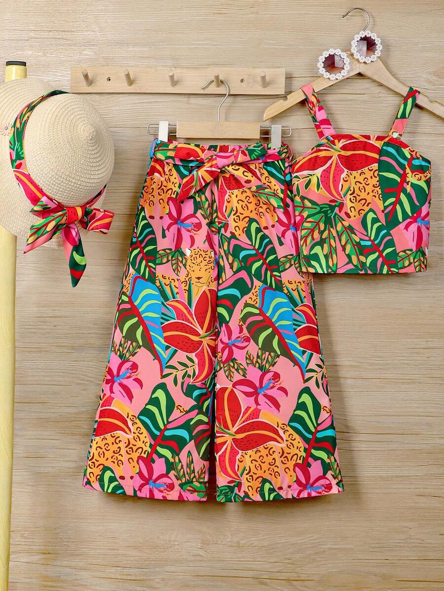 SHEIN Cô gái trẻ sáng tạo Áo ba lỗ in hoa nhiệt đới có viền diềm xếp nếp và bộ quần ống rộng thông thường, mùa hè - Nhiều màu - Xem 1