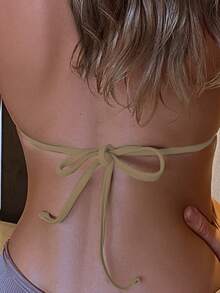 SHEIN Swim Women's Solid Color Sexy Halter Neck Bikini Top For Vacation,Summer Beach - Khaki - View 3