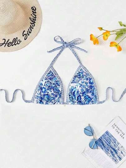 Swim Vcay Plus Size Women's Summer Beach Vacation Style Printed Halter Neck Bikini Top