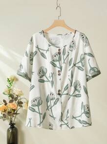 Lacomfia Plus Size Vacation Casual Floral Print Short Sleeve Shirt And Solid Color Wide Leg Pants Set 2 Pieces Set, For Summer