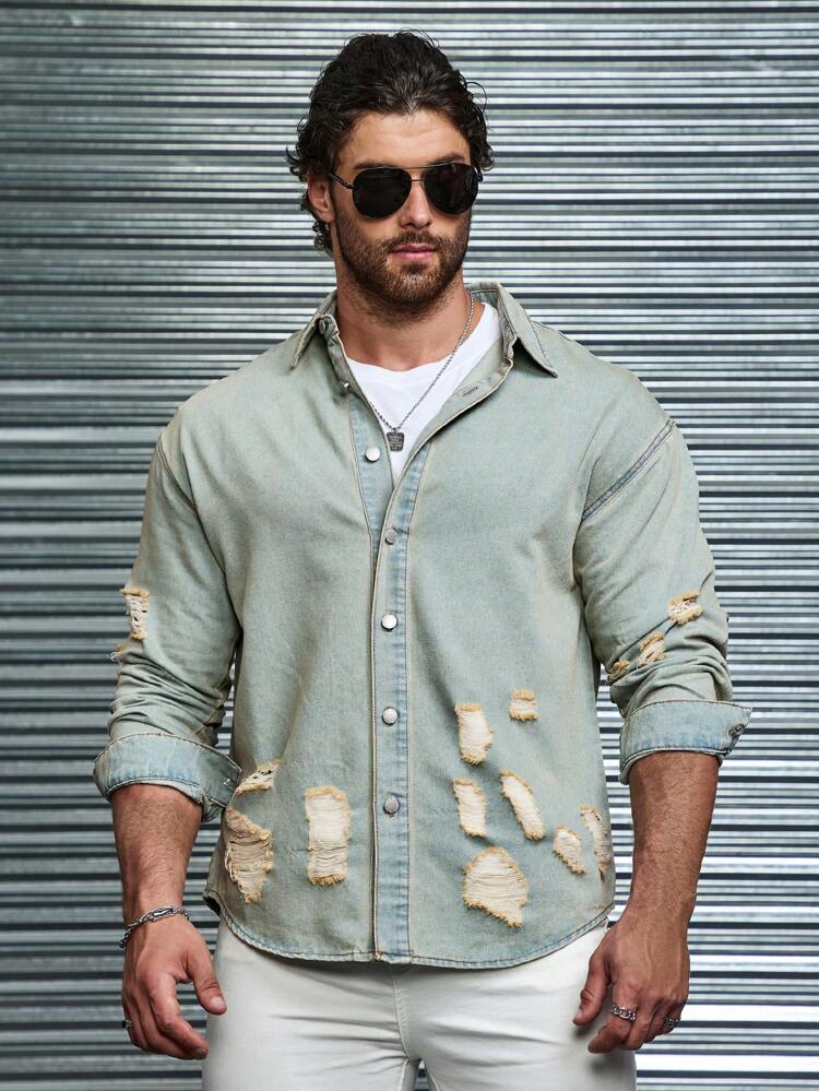 Men's Casual Washed Distressed Long Sleeve Denim Shirt