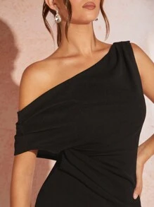 SHEIN BAE 女士純黑色不對稱露肩打褶貼身夏季長裙 - 黑色 - 查看 3